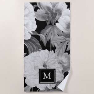 Black & White Peonies Watercolor Floral Monogram Beach Towel