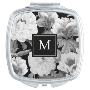Black & White Peonies Watercolor Floral Monogram Compact Mirror