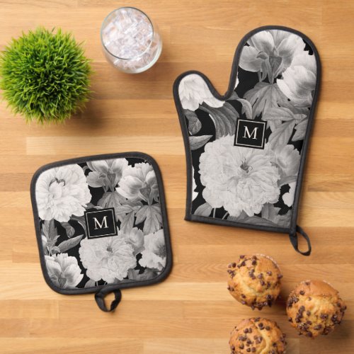 Black  White Peonies Watercolor Floral Monogram Oven Mitt  Pot Holder Set