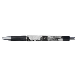 Black & White Peonies Watercolor Floral Monogram Pen