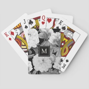 Black & White Peonies Watercolor Floral Monogram Poker Cards