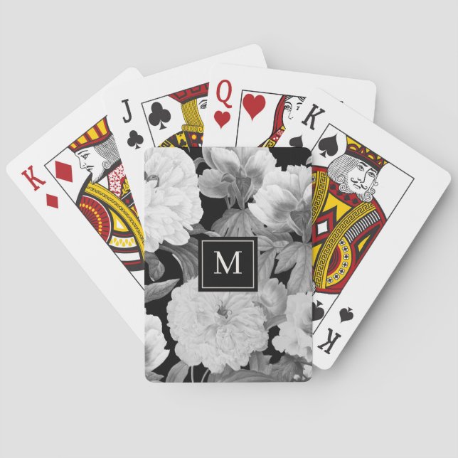 Black & White Peonies Watercolor Floral Monogram Poker Cards (Back)