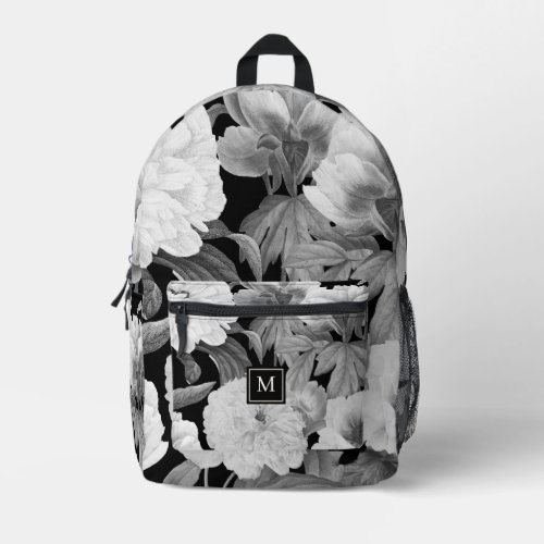 Black  White Peonies Watercolor Floral Monogram Printed Backpack
