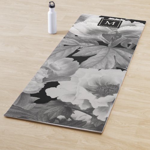 Black  White Peonies Watercolor Floral Monogram Yoga Mat
