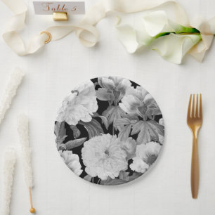 Black & White Peonies Watercolor Floral Paper Plates