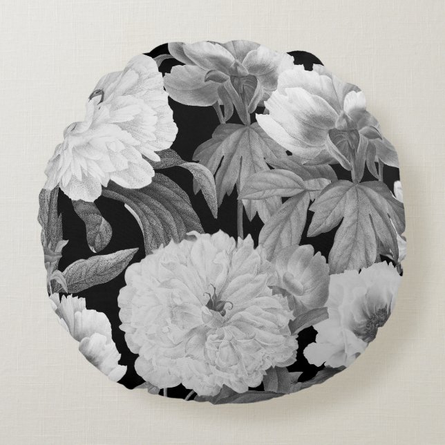 Black & White Peonies Watercolor Floral Round Pillow (Front)