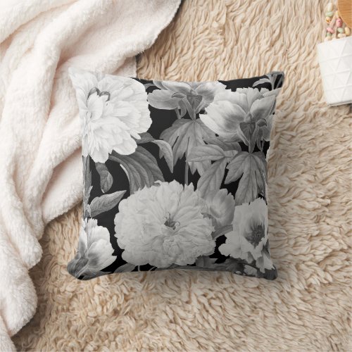 Black  White Peonies Watercolor Floral Throw Pillow