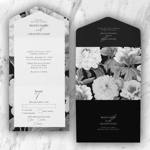 Black  White Peonies Watercolor Floral Wedding All In One Invitation