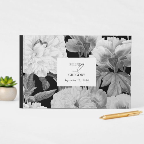 Black  White Peonies Watercolor Floral Wedding Guest Book