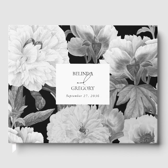 Black & White Peonies Watercolor Floral Wedding Guest Book (Front)