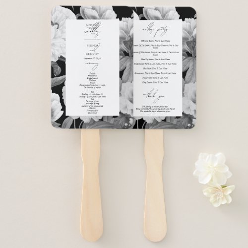 Black  White Peonies Watercolor Floral Wedding Hand Fan