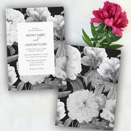 Black  White Peonies Watercolor Floral Wedding Invitation