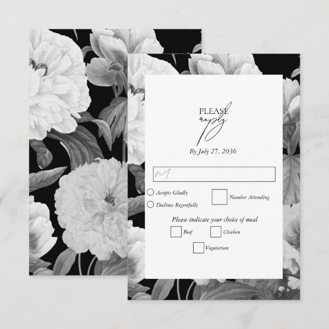 Black & White Peonies Watercolor Floral Wedding RSVP Card (Front/Back)
