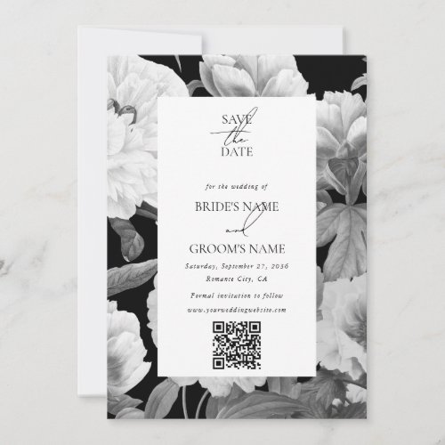 Black  White Peonies Watercolor Floral Wedding Save The Date