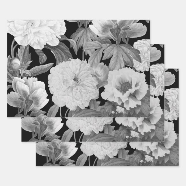 Black & White Peonies Watercolor Floral Wrapping Paper Sheets (Set)