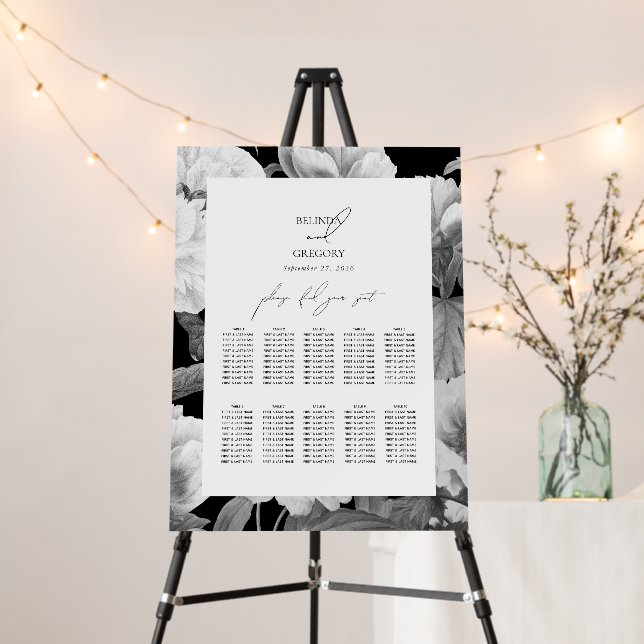 Black & White Peonies Wedding Seating Chart Foam Board (In Situ (Stand))