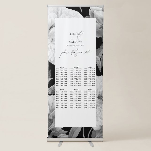 Black & White Peonies Wedding Seating Chart Retractable Banner (Front)