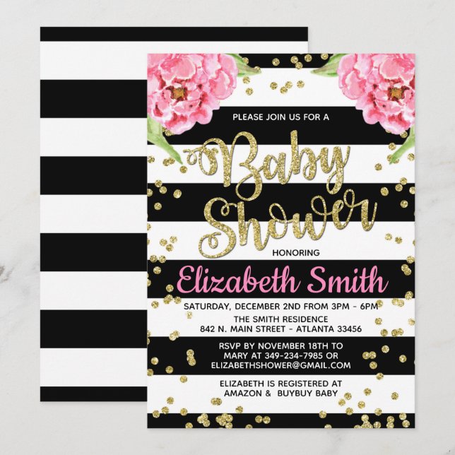Black & White Peony Baby Shower Invitation (Front/Back)