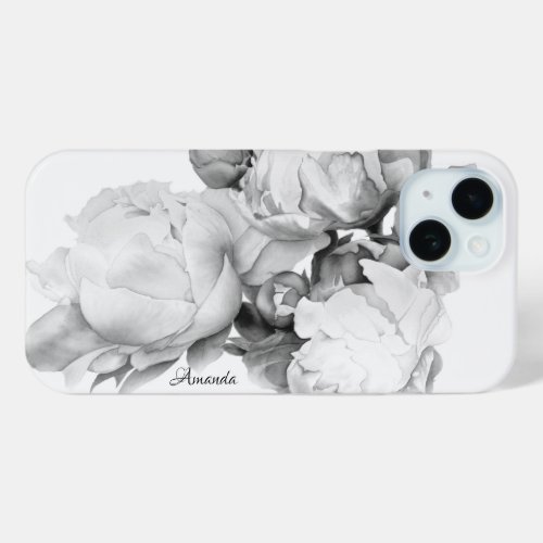 Black white peony elegant floral watercolor art  iPhone 15 case