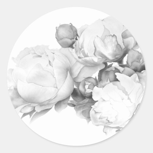 Black white peony elegant floral watercolor art  classic round sticker