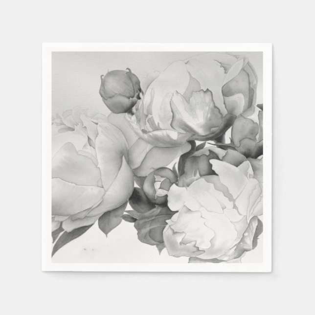 Black white peony elegant floral watercolor art  napkins (Front)