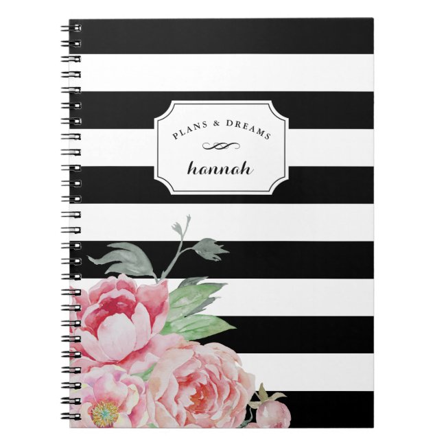 Black & White Peony Floral Stripe Notebook