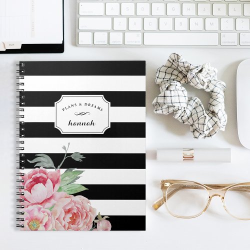 Black  White Peony Floral Stripe Notebook
