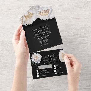 Black white peony flower summer spring wedding all in one invitation
