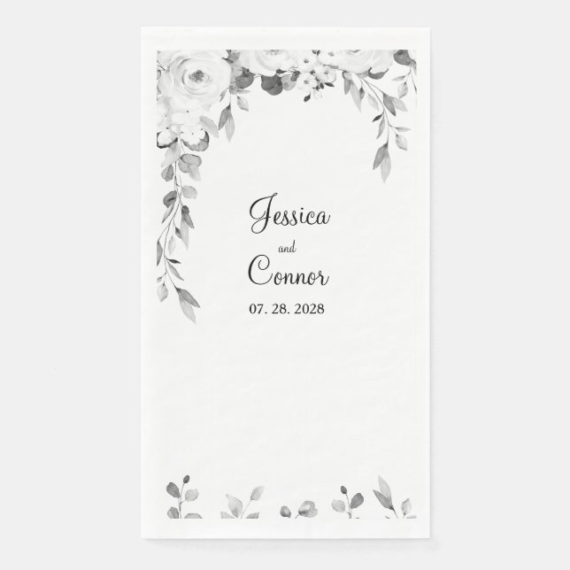 Black & White Peony Greenery Vine Wedding Paper Guest Towels (Front)