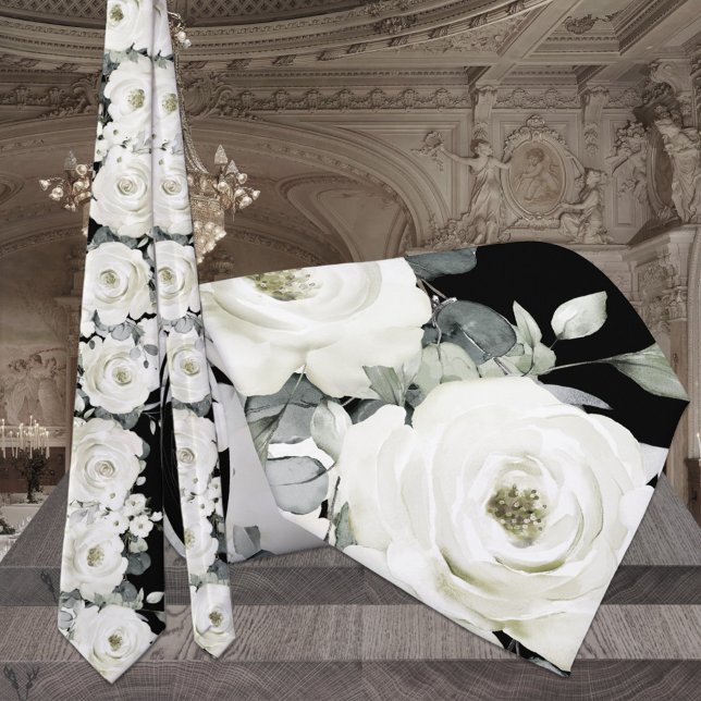 Black & White Peony Greenery Wedding Neck Tie (Creator Uploaded)