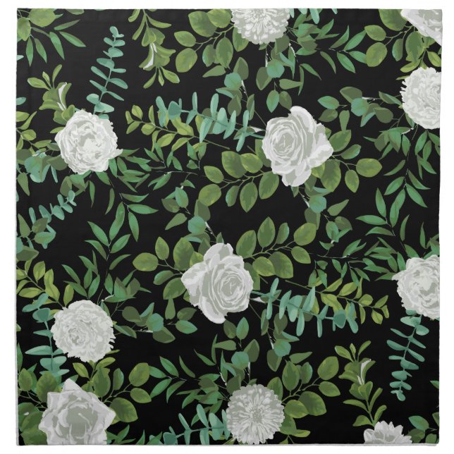 Black & White Peony Rose Floral Wedding Cloth Napkin (Front)