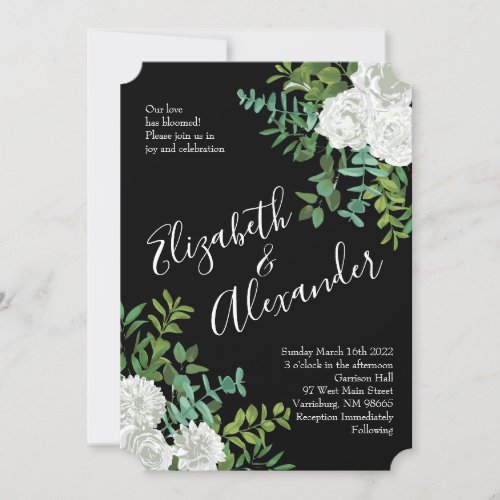 Black  White Peony Rose Floral Wedding Invitation