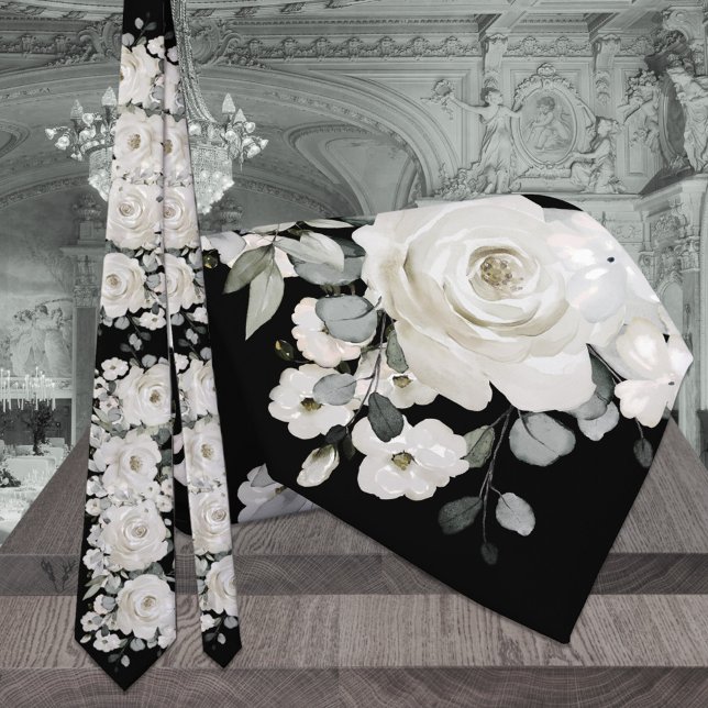 Black & White Peony Sage Eucalyptus Wedding Neck Tie (Creator Uploaded)