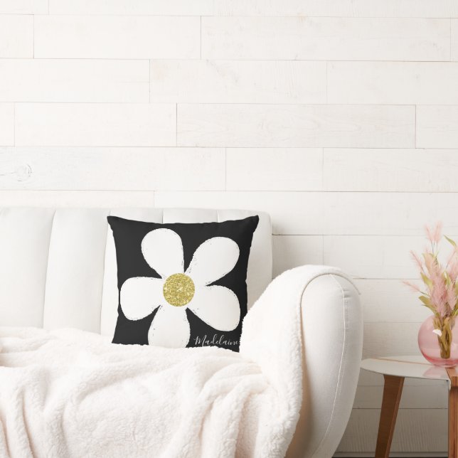 Black White Personal Simple Daisy Gold Throw Pillow (Couch)