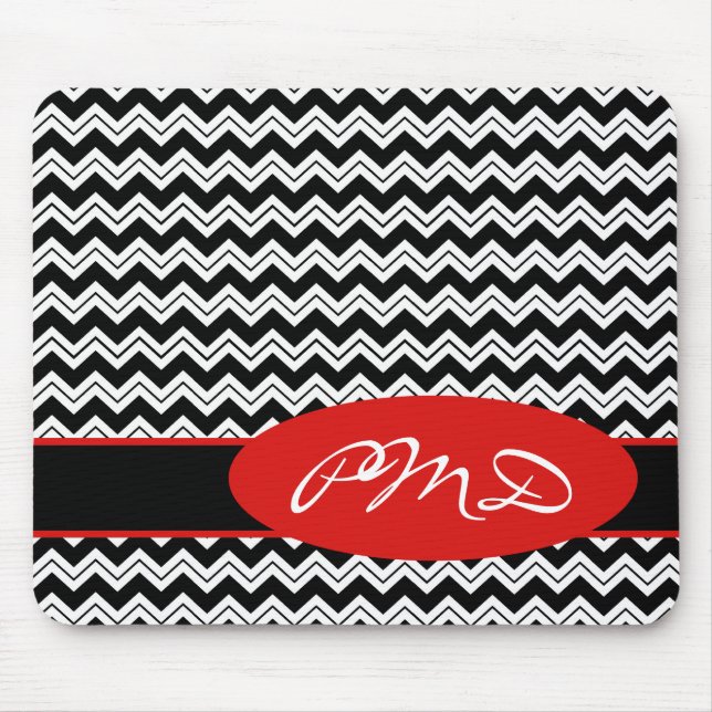 Black & White Personalize Monogram Chevron Zizzag Mouse Pad (Front)