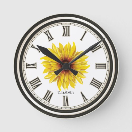 Black White Personalized Beautiful Sunflower   Round Clock