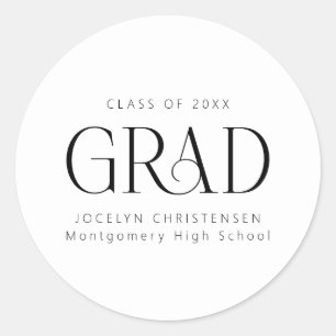 Black White Personalized Modern Grad Graduate Classic Round Sticker