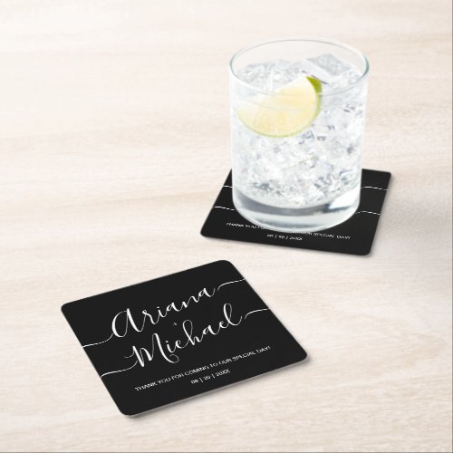 Black White Personalized Modern Minimalist Wedding Square Paper Coaster