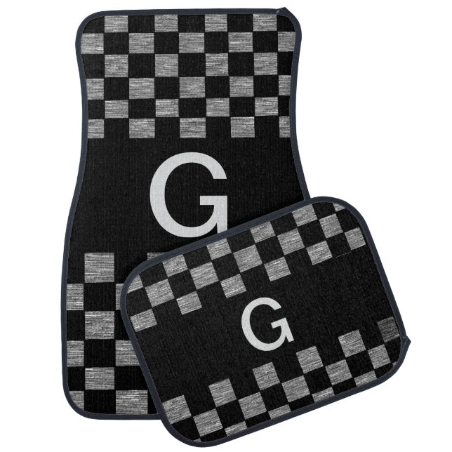 Black & White Personalized Monogram Checker Design Car Floor Mat (Set)