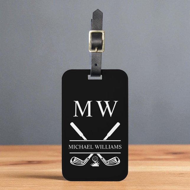 Black White Personalized Monogram Golf Clubs Luggage Tag (Creator Uploaded)