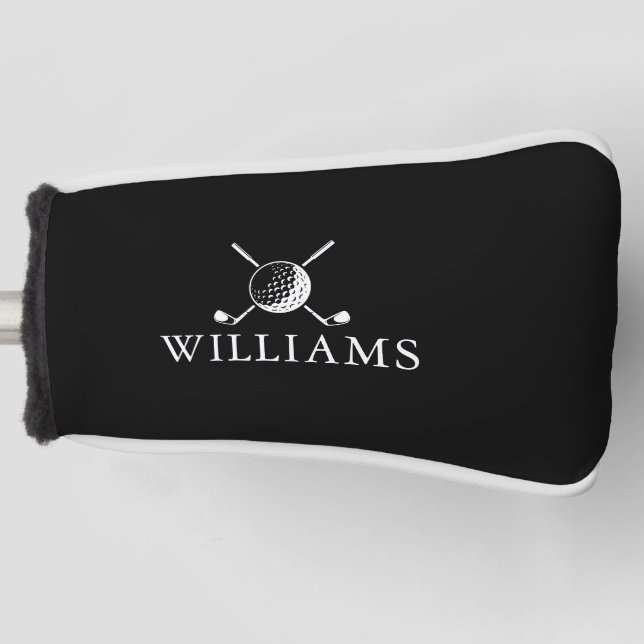 Black White Personalized Name Golf Ball And Clubs Golf Head Cover (Front)