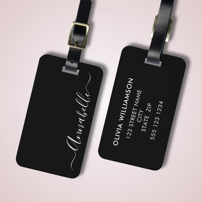 Black & White Personalized Name Luggage Tag (Stylish, elegant, black luggage tag with script name and contact details to reverse side)