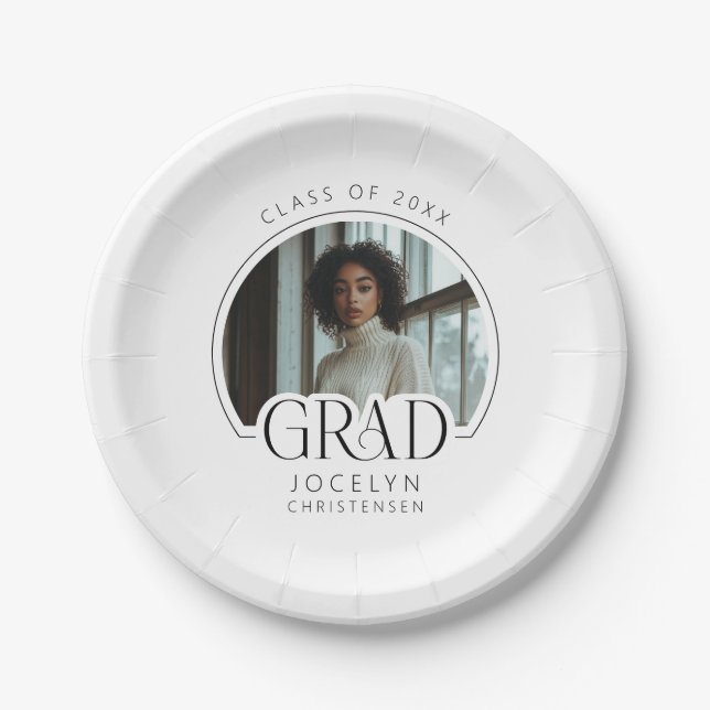 Black White Personalized Photo Grad Party Paper Plates (Front)