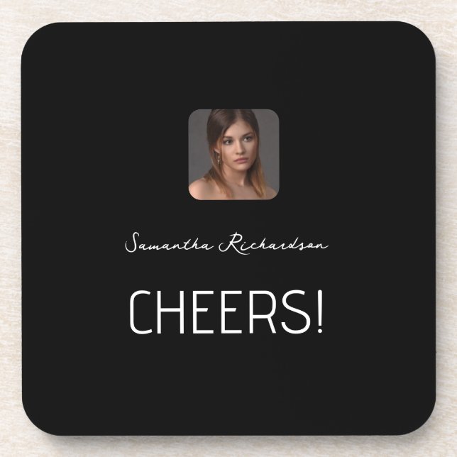 Black White Personalized Photo Name Script  Beverage Coaster (Front)