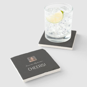 Black White Personalized Photo Name Script  Stone Coaster