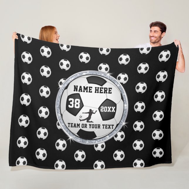 Black, White Personalized Soccer Gifts for Girls Fleece Blanket (In Situ)