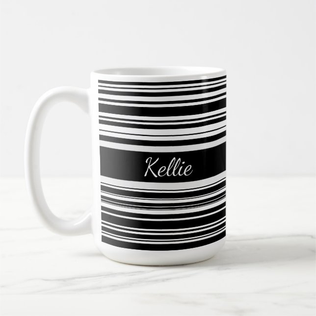 Black & White Personalized, Uneven Stripe Design Coffee Mug (Left)