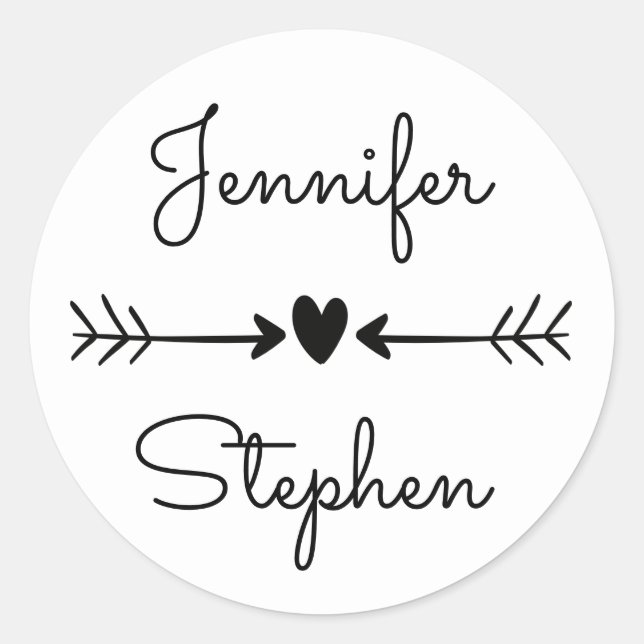 Black & White Personalized Wedding Hearts & Arrows Classic Round Sticker (Front)