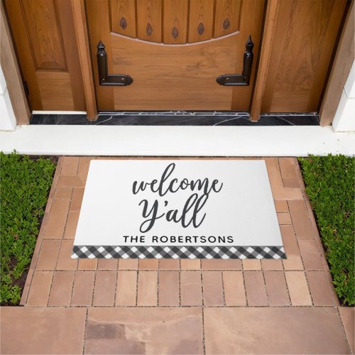 Black White Personalized Welcome Yall Family Name Doormat