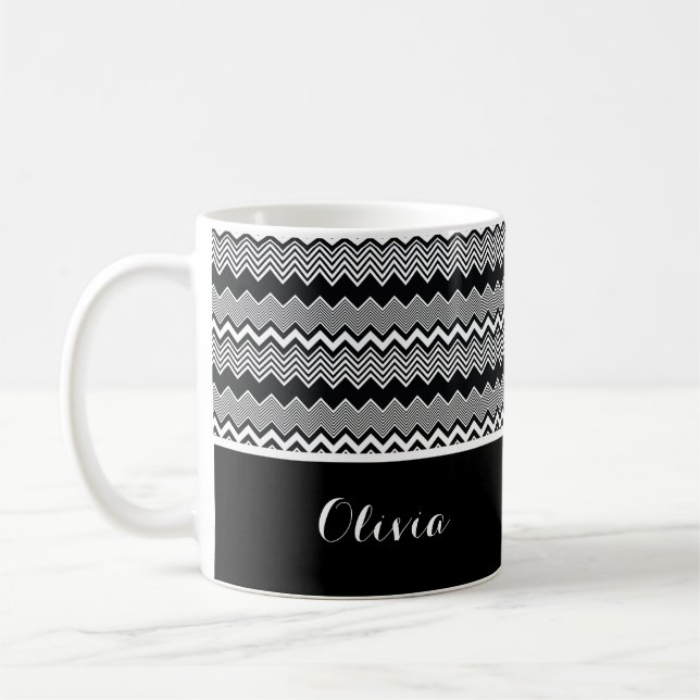 Black & White Personalized Zig Zag Pattern & Black Coffee Mug (Left)